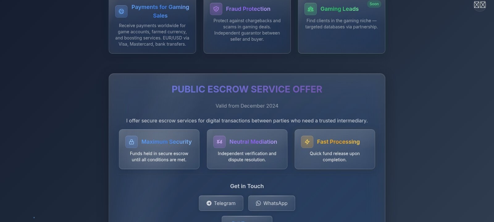 Personal site feature cards and public escrow offer page