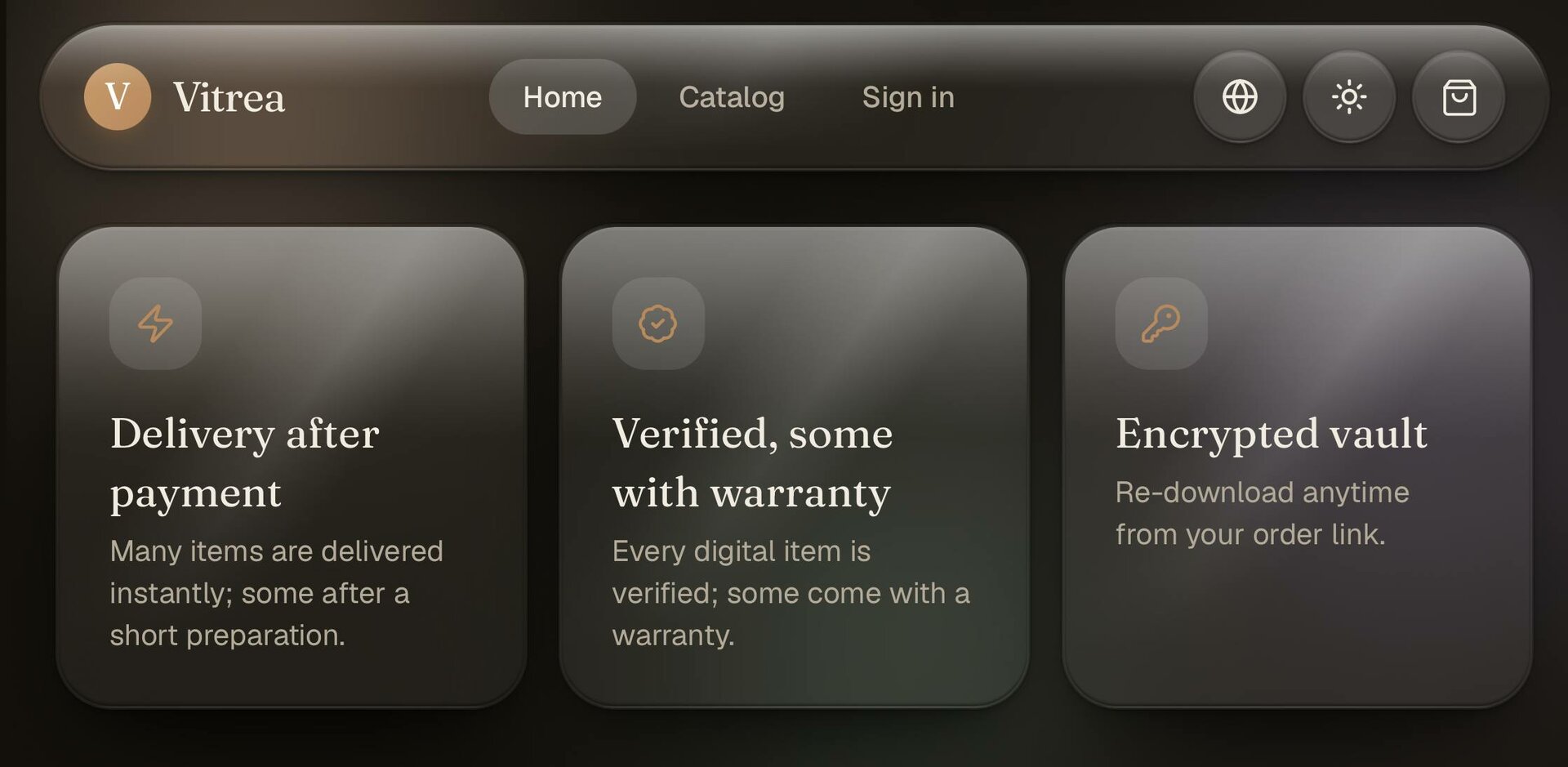 Vitrea storefront — navigation and trust badges